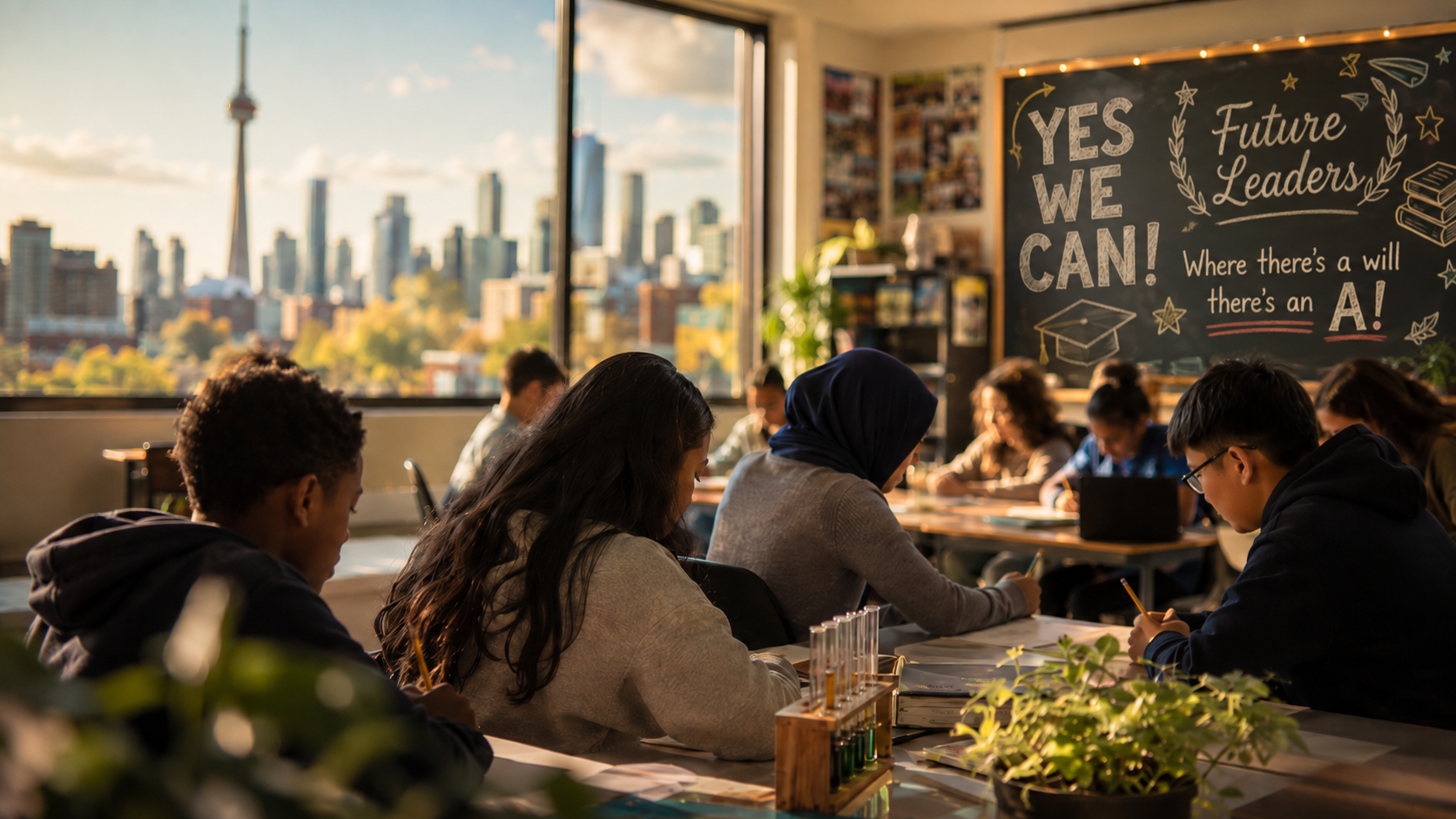 Multicultural students learning together in a Toronto classroom with the CN Tower visible through the windows and an inspirational Future Leaders chalkboard.